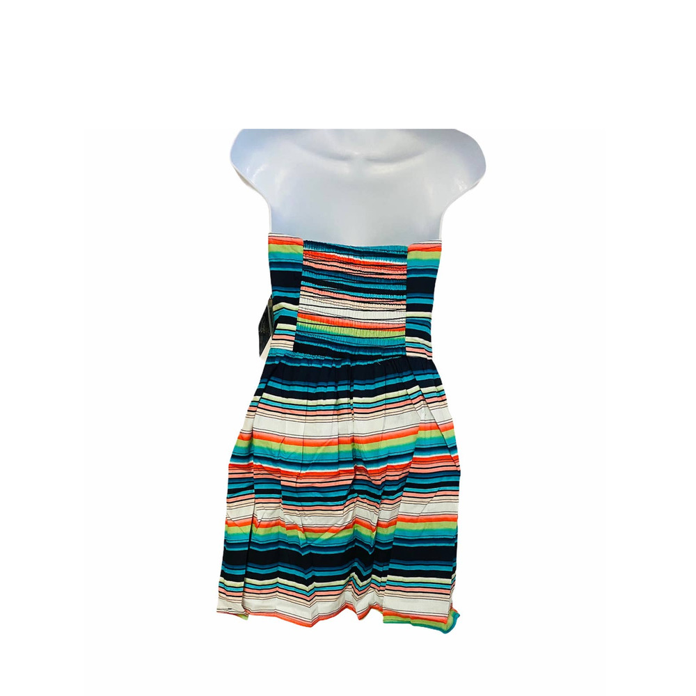 BeBop Smocked Strapless Casual Day Dress Colorful Striped White Cotton Sundress - Picture 6 of 9